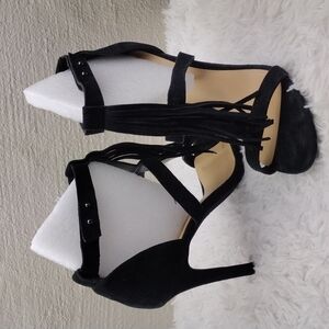 JOE'S Black Fringe Suede Leather Open Toe Ankle T-Strap Stiletto Boho Style Shoe